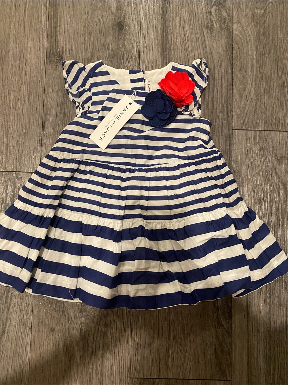 Janie and Jack Navy and White Striped Dress with Red & Navy Flower